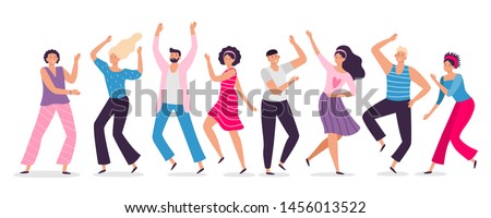 Happy dancing people. Friends dance, club female and male dancers. Exciting music party, disco dancing friends character flat vector illustration