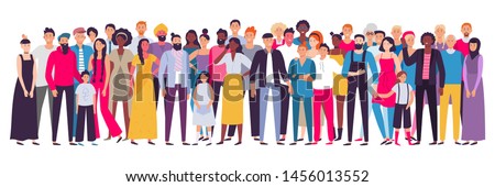 Multiethnic group of people. Society, multicultural community portrait and citizens. Young, adult and elder people. Aging african and asian ladies or european students vector illustration