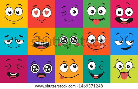 Cartoon face expressions. Happy surprised faces, doodle characters mouth and eyes. Face doodle or shy, love and kiss kawaii manga emotion. Emoticon comic avatar vector illustration set