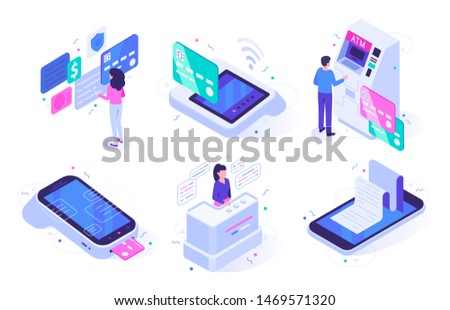 Isometric online cashier. Cash register terminal purchase checkout, sales outlet with buyers and atm customer. Banking payment cashier services. Isolated vector illustration icons set