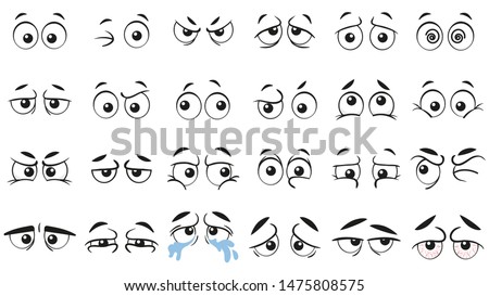 Funny cartoon eyes. Human eye, angry and happy facial eyes expressions. Comic facial character caricature, human eye emotions doodle. Isolated vector illustration icons set