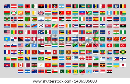 World national flags. Official country signs, europe emblems, asia and america countries flags. International language knowledge or Africa, Canada and Japan. Flat isolated vector icons set
