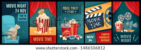 Cinema poster. Night film movies, popcorn and retro movie posters template. Cinematograph advertising banners, films ticket or movie show posters cartoon vector illustration set