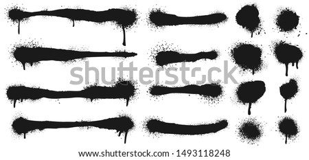 Spray painted lines and grunge dots. Paint splatter circle shapes, graffiti drawing strokes and dirty street art texture. Black dot print and splattered line. Isolated vector symbols set Imagine de stoc © 