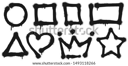 Graffiti spray frames. Sprayed circle shape, paint square and rectangle frame. Heart, crown and star shapes. Stencil spray painted graffiti border isolated vector illustration signs set