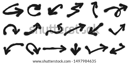 Spray painted arrows. Graffiti pointing arrow, dirty grunge paint. Sprayed painted cursor signs, graffity arrows art. Isolated vector illustration symbols set