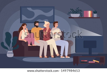 Friends watching horror movie together. Scared teens sitting on sofa and watch scary movie in dark living room. Fear face characters, young people watching film and afraid vector illustration