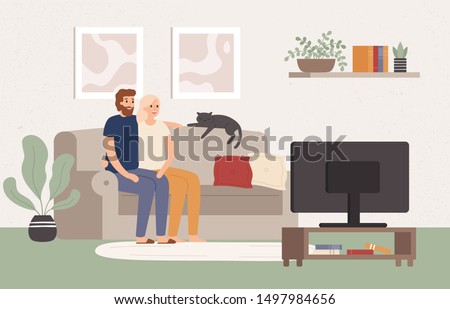 Young couple watch tv together. Happy man and woman sitting on couch and watching television show. Family movie night, lovers character home relax and watch video vector illustration