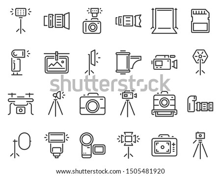 Outline photo icons. Photography studio light, film cameras and camera on tripod line. Photo lens technology, different digital and vintage cam pictogram. Isolated icon vector set