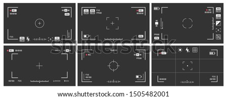 Video camera viewfinders. Recording view frame, cinema rec viewing screen and dslr cam viewfinder. Video filming screen, shooting camera recording display isolated vector set Photo stock © 