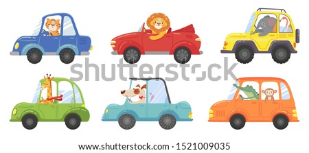 Cute animals in funny cars. Animal driver, pets vehicle and happy lion in car kid. Transportation animals or lion and dog character travel in cars. Isolated vector cartoon illustration icons set