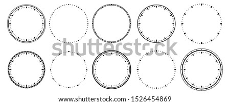 Clock faces. Vintage clocks bezel, seconds timer and 12 hours watch round scale. Clocks frames silhouette, deadline hour stopwatch face. Isolated vector symbols set