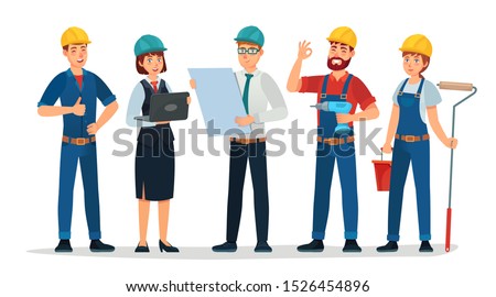 Technician workers and engineers team. Technicians people group, engineering worker and construction. Industrial engineers workers, builders characters isolated cartoon vector illustration