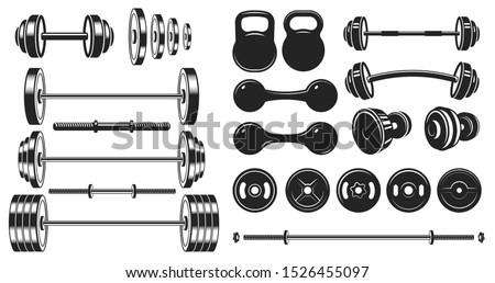 Gym equipment silhouette. Fitness sport, heavy weight barbell and vintage bodybuilding stencil. Wellness equipment, fit exercise or yoga training iron lift sign. Isolated vector illustration icons set