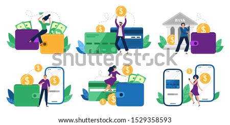 Money transfers. People sent money from wallet to bank card, mobile payments and financial transactions. Work transfer credit card process payment. Flat isolated vector illustration icons set