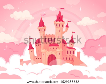 Cartoon castle in pink clouds. Magic land, fairytale cloud and fabulous sky. Fairy castle for little princess. Fantastic tower, majestic kingdom building landscape vector illustration