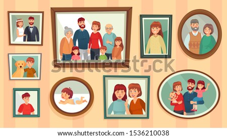 Cartoon family photo frames. Happy people portraits in wall picture frames, family portrait photos. Families generation framed portraits, dynasty photograph wall decor vector illustration