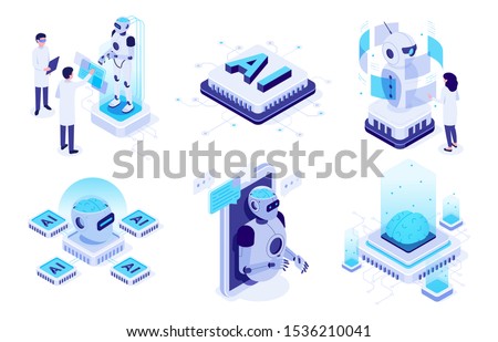 Isometric artificial intelligence. Digital brain neural network, AI servers and robots technology, artificial bot mind and intelligent robotic building. Isolated vector illustration icons set