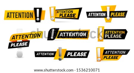 Attention please badges. Important message, warnings frames with exclamation point and black and yellow attention badge. Important word, danger announcements information. Isolated vector icons set