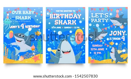 Invitation card with cute sharks. Baby shark birthday party, sharks family celebrate children birthday and invitations template. Sea party greeting card cartoon isolated vector illustration set