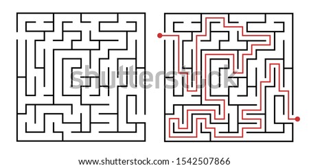 Labyrinth game way. Square maze, simple logic game with labyrinths way. How to find out quiz, finding exit path rebus or logic labyrinth challenge isolated vector illustration