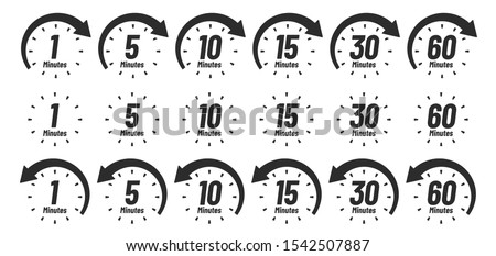 Minutes time icon. Analog clock Icons, 1 5 10 15 30 60 minute clocks and minutes ago. Work deadline arrow, delivery fast measuring clock or watch interface. Isolated sign vector set