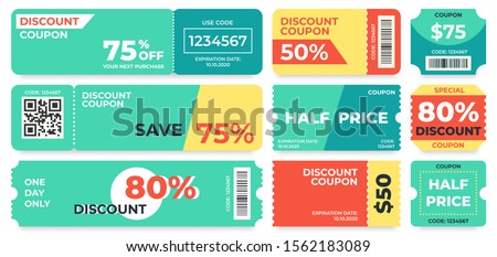 Discount coupon. Half price offer, promo code gift voucher and coupons template. Premium special price offers sale coupon or best promo retail pricing vouchers. Isolated vector icons set