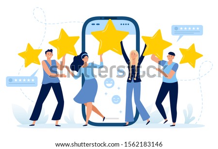 Five stars mobile app feedback. Customers satisfaction, clients leave five star rating and positive feedback. Choice rating review app, customer reviews flat vector illustration