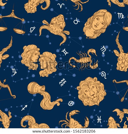 Seamless zodiac pattern. Aries, Leo and Sagittarius constellations. Cancer, Scorpio and Pisces. Taurus, Virgo and Capricorn. Gemini, Libra and Aquarius. Astronomy wallpaper vector illustration