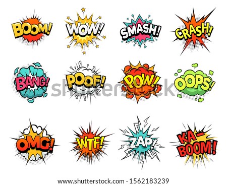 Cartoon comic sign burst clouds. Speech bubble, boom sign expression and pop art text frames. Comics mem expressions speech, superhero book bubbles label. Isolated vector symbols set