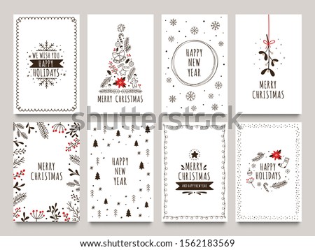 Hand drawn winter holidays cards. Merry Christmas card with floral ornaments, New Year tree and snowflakes frame. 2020 Xmas greeting or invitation inspire quote cards. Isolated vector icons set