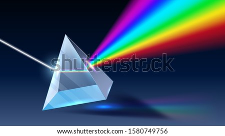 Realistic prism. Light dispersion, rainbow spectrum and optical effect. Physics optics ray refractions, pyramid prism reflecting realistic 3D vector illustration