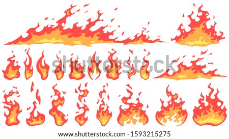 Cartoon fire flames. Fireball flame, red hot fire and campfire fiery silhouettes vector set. Burning effect, dangerous natural phenomenon. Blazing wildfire, bonfires isolated on white background