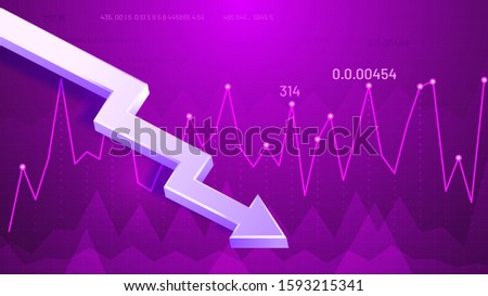 Dropping graphic arrow. Profit reduction schedule, financial debt graph and income loss 3D arrow vector illustration. Business downturn, company income decline. Decreasing stock market trend forecast