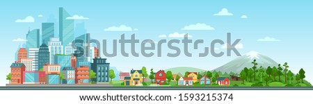 Urban and nature landscape. Modern city buildings, suburban houses and wild forest vector illustration. Contemporary metropolis with skyscrapers, suburbs with cottages and woods panorama