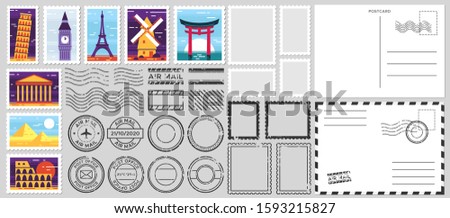 Postage stamps. Air mail envelope, post office stamp and postal stamps vector set. Cachets and postmarks with different landmarks illustrations. Blank postcard and letter templates with copyspace