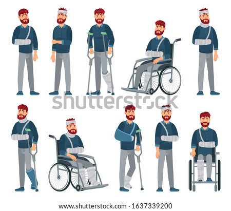 Man with injury. Wheelchair man with broken arm and leg in gypsum. Sad male character with different accident injuries vector cartoon illustration. Unhappy handicapped guy with bandage and crutches.