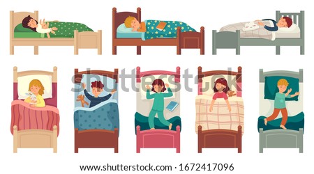 Kids sleeping in beds. Child sleeps in bed on pillow, young boy and girl asleep. Bedtime vector illustration set kids boy and girl, teen various sleeping pose in bed, lying and relax