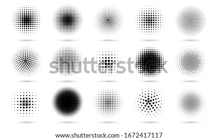 Circle halftone. Abstract dotted circles, round halftones geometric dots gradient and pop art texture. Dot spray gradation vector set. Illustration halftone gradient spotted, effect round Foto d'archivio © 