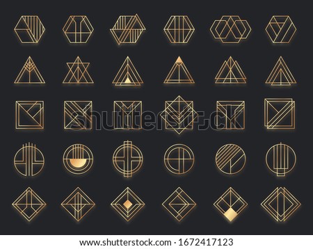 Art deco geometric shapes. Golden geometrical art shape, gold circle symbol and abstract triangle. Creative lines square and elegant geometrics rhombus vector. Geometric decoration frame illustration