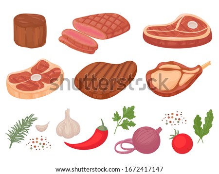 Cartoon beef steaks. Grilled steak, beef meats and filet mignon. Pepper and spices, garlic, onion and tomatoes vector illustration set. Steak and herb ingredient, food for barbecue, tomato and meat