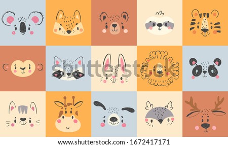 Cute animal portraits. Hand drawn happy animals faces, smiling bear, funny fox and koala cartoon vector illustration set. Face deer and lion drawing, rabbit and tiger wildlife