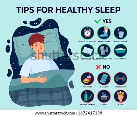 Healthy sleep tips infographics. Causes of insomnia, good sleep rules and man sleeps on pillow vector illustration. Healthy care recommendation for good sleep