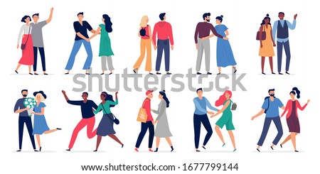 Couples in love. Adorable couple walk together holding hands, romantic date and man gives woman flowers cartoon vector illustration set. Woman and man happy, adorable couple characters
