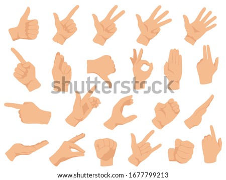 Hand gestures. Vector illustration set, counting fingers. Gesture palm, pointing hand, communication language, pose and gesturing