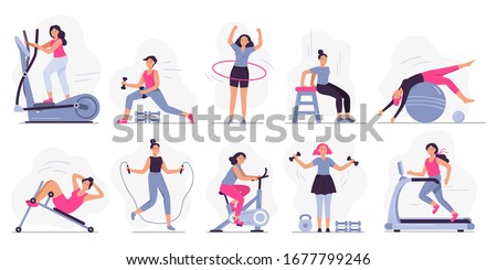 Woman at sport gym. Vector illustration set. Female run on treadmill, equipment for fitness in gym, workout people, training exercise collection