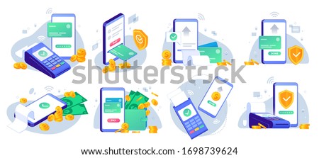 Mobile payments. Online sending money from mobile wallet to bank card, golden coins transfer app and e payment vector illustration set. Mobile payment, business finance pay, transaction online