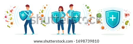 Virus germs and bacteria protection. Healthy immune system, adult man and woman protected from viruses and bacterias by immunity shield vector iilustration set. Person resistant and prevention disease