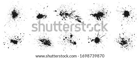 Grunge ink splatter. Splash of paints, spray drops staining and frame with wet paint drop traces vector set. Illustration splash and drip design, silhouette blob spray collection