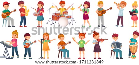 Cartoon kids play music. Talented kid playing on musical instrument, music school lessons. Young singer, children musician vector illustration set. Musician with microphone, music education